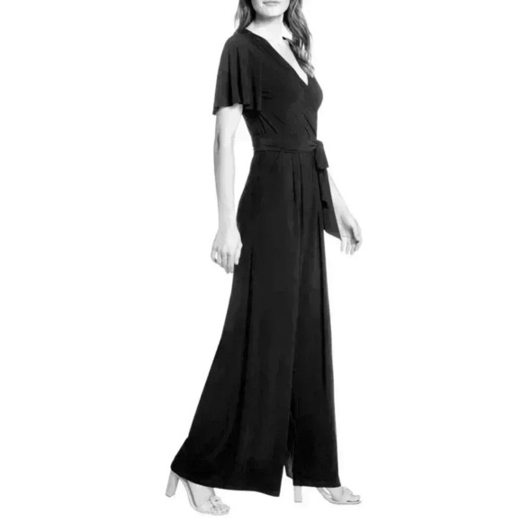 HARPER ROSE black wrap palazzo wide leg V-neck jumpsuit women’s size large - Picture 2 of 10